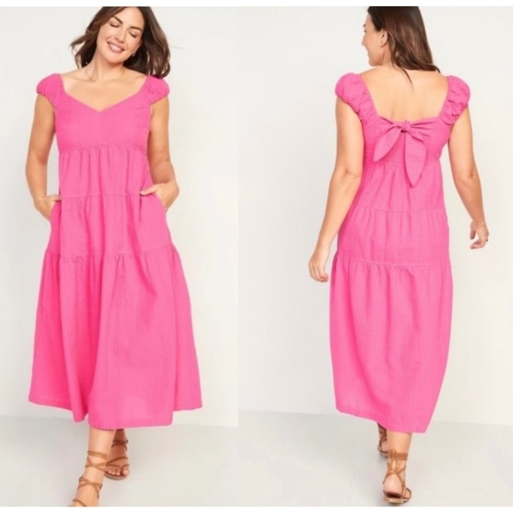 Old Navy Sleeveless Fit & Flare Tiered Smocked Seersucker All-Day Maxi Dress.